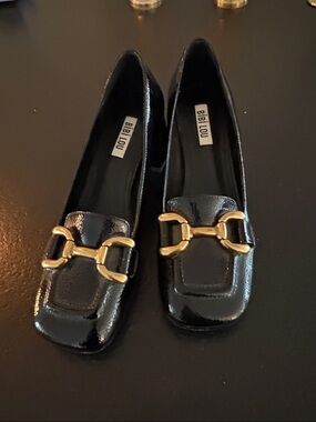 Bibi Lou Black Patent Loafers with Gold Horsebit Detail